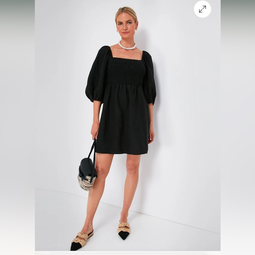 Tuckernuck Black Annie Smocked Dress XS 100% Linen Puff Sleeve